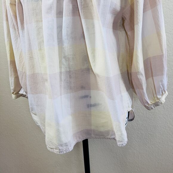 Everlane Blouse Womens Beige Tan Plaid Peasant Relax Balloon Sleeve Top size 00 - Picture 9 of 16
